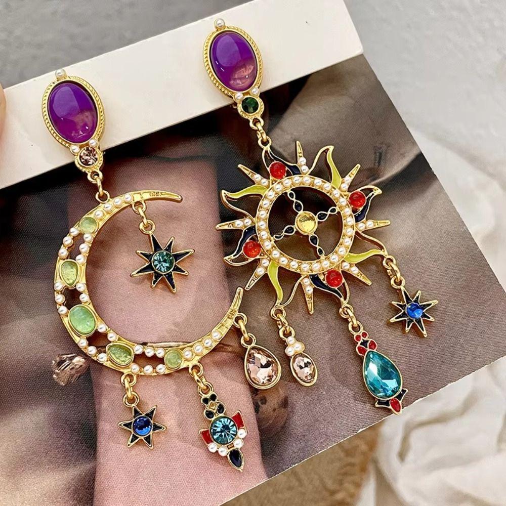 Medieval Style Sun&Moon Earrings Handmade Crystal Earrings Temperament Dangle Earring  Gift