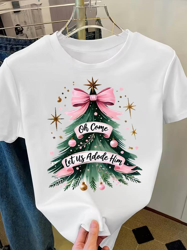 (Asian Size) style truck trend Merry Christmas Short Sleeve T-shirts Women's Top O-neck T Shirt Print Fashion Casual New Year Clothing Graphic Tee