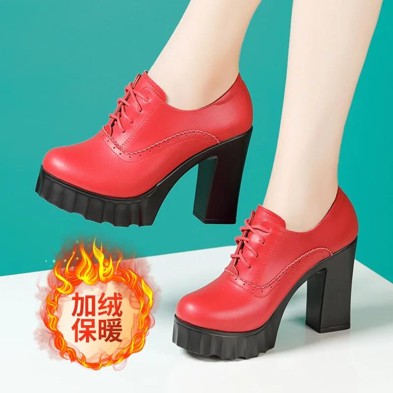 10cm Small Size 32-43 British Deep Mouth Platform Shoes Brogues Fall 2025 Block High Heels Shoes Genuine Leather Shoes Office