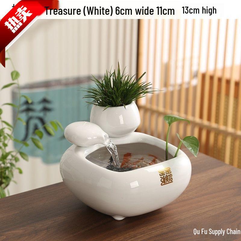 Ceramic Desktop Fish Tank with Automatic Water Circulator and Lucky Cat Ornament