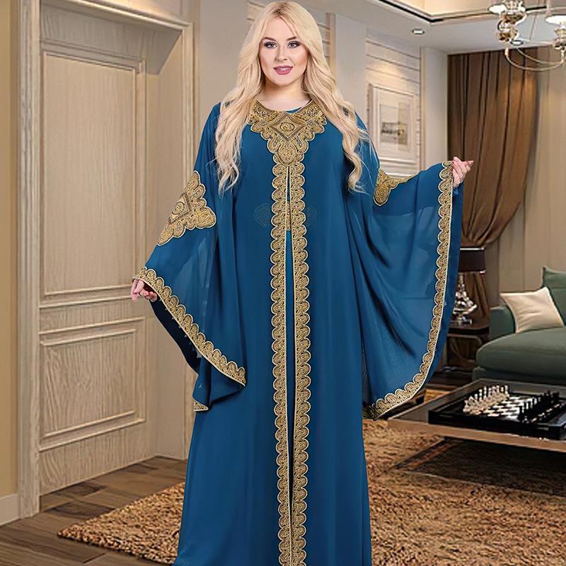 Embroidered Flared Sleeve Jalabiya with Gold Lace