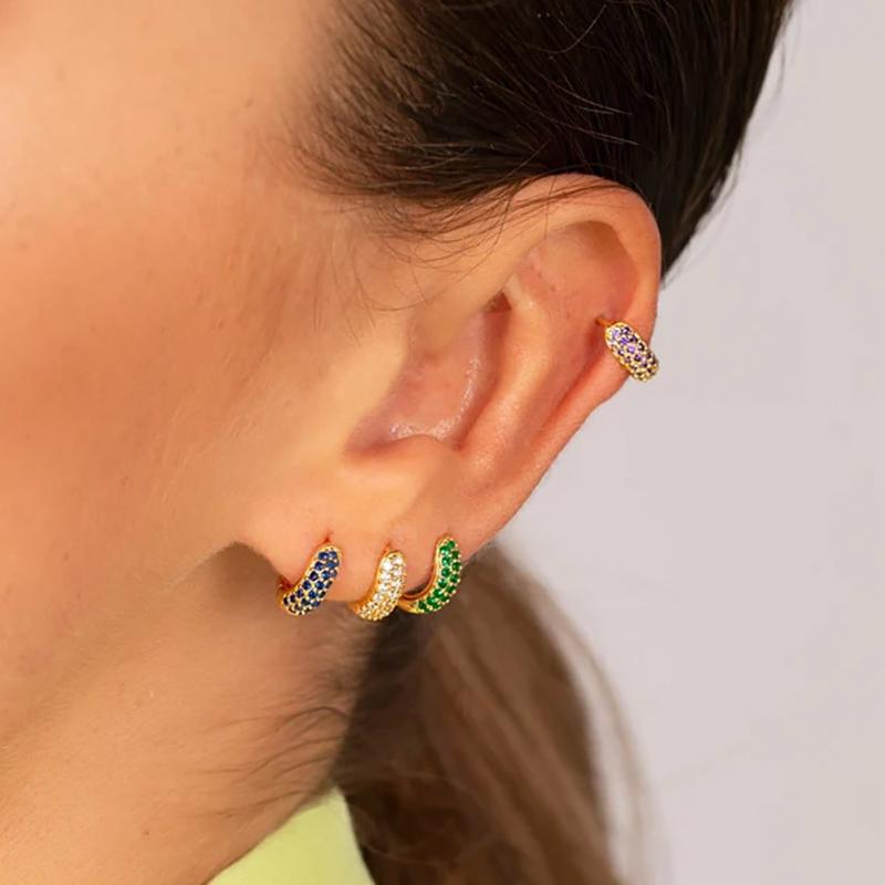 2 Stück Edelstahl Huggie Minimal Creolen für Damen Kleiner Mehrfarbiger Kristall Großer Runder Kreis Ohrring Piercing Schmuck