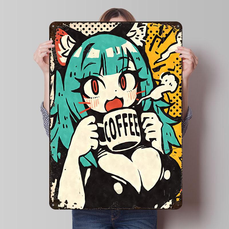 

Kawaii Anime Cat Girl Coffee Printed Poster Customized Wall Art Retro Vintage Metal Tin Signs for Home Decoration Aesthetic Room 20x30cm（7.8x11.8inch）