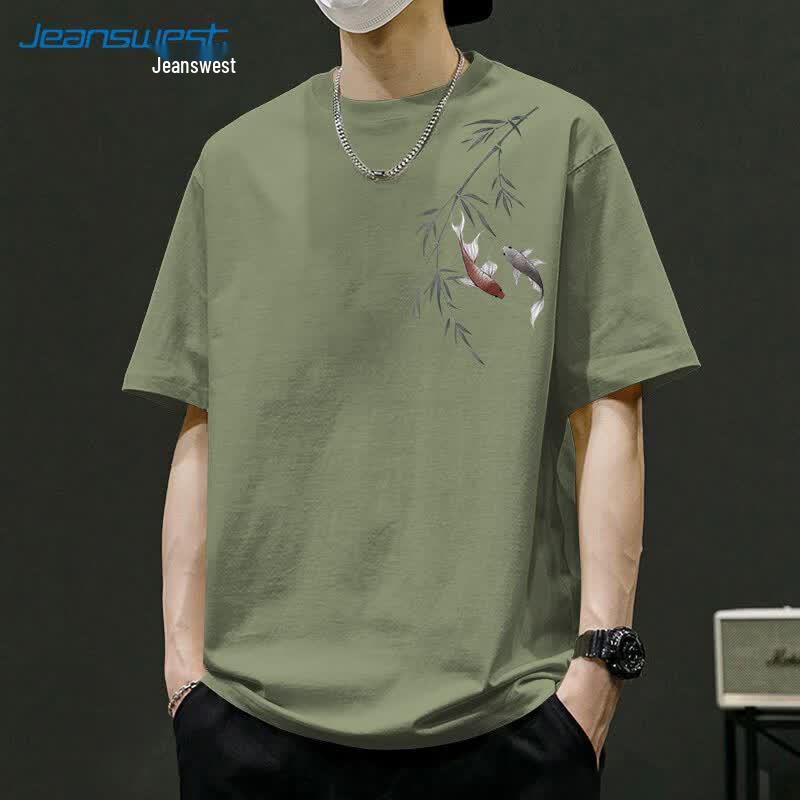 Jeanswest Men's Guochao Koi Print Cotton T-Shirt