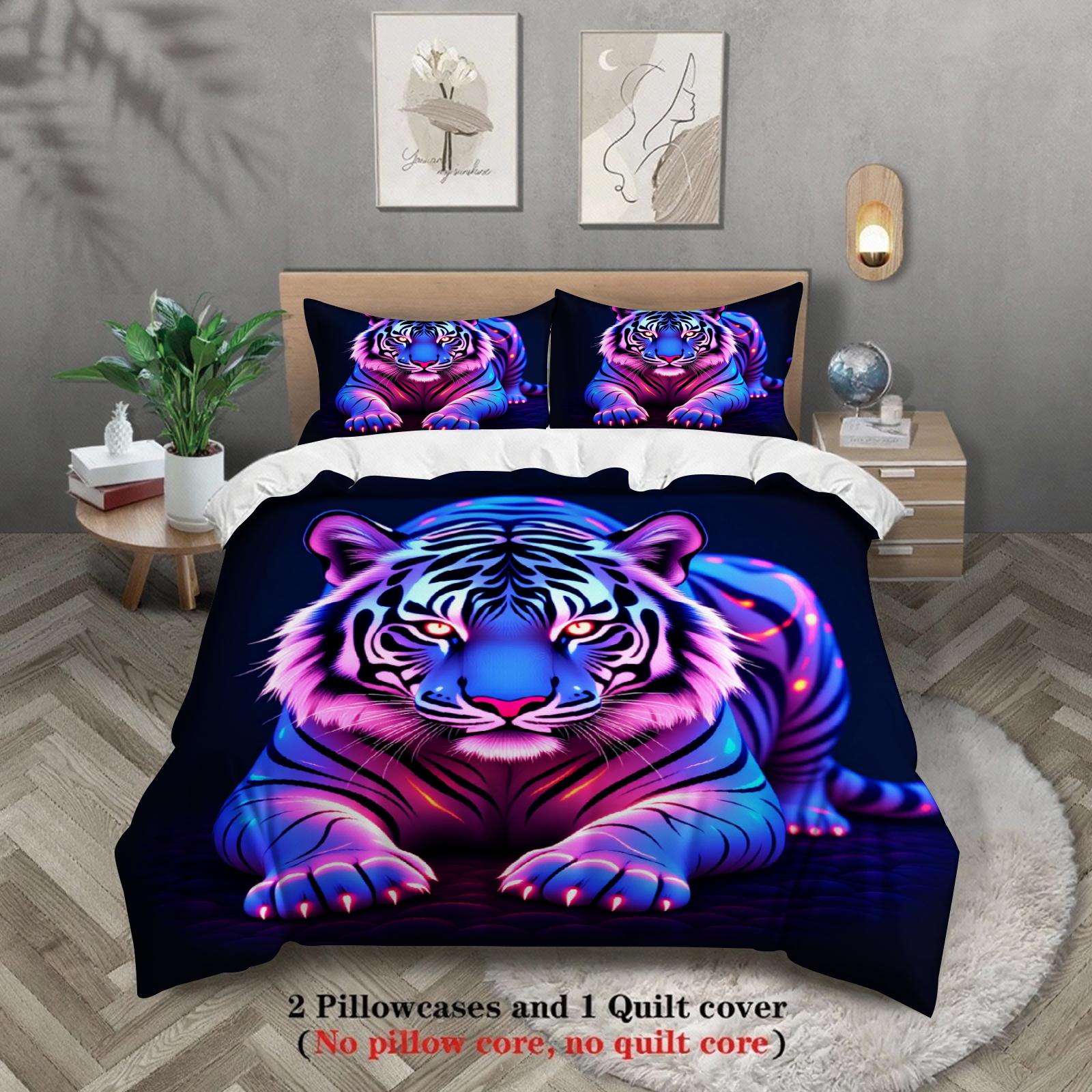 

3pcs Tiger Bedding Sets 3D Printed Neon Tiger Breathable Anti-Slip Easy Care Duvet Cover Sets With Pillowcases No Filling US Twin(172x218cm)