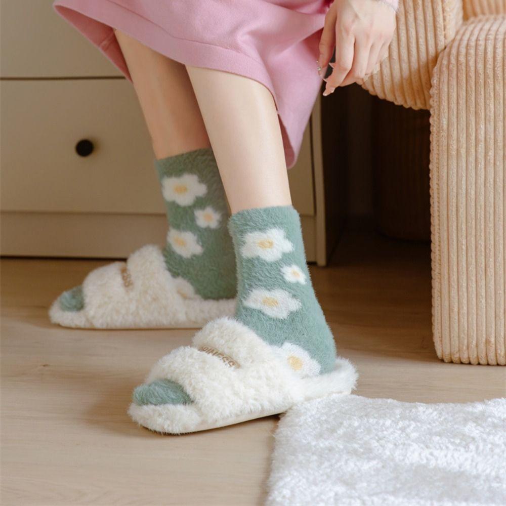 Keep Warm Mink Velvet Socks Flower Heart Pattern Winter Socks Sweet Middle Tube Sock Ladies