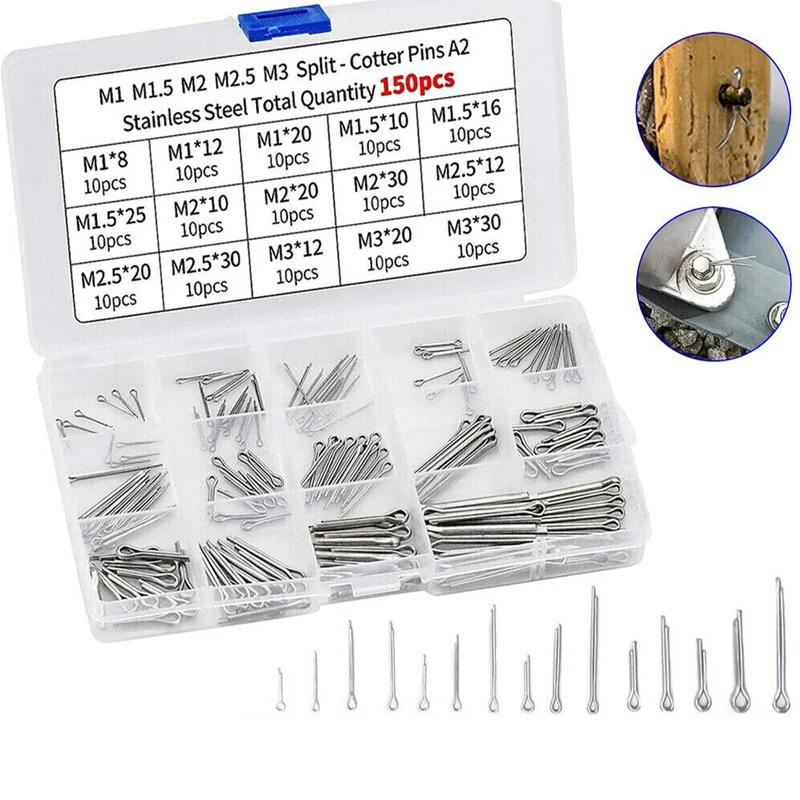 150/230/340PCS Stainless Steel Cotter Pin Kit,304 Stainless Steel Split Pin Assortment Kit +Box Whistle Hairpin U-pin