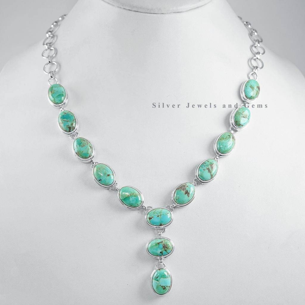 Natural Arizona Turquoise Necklace, 925 Sterling Silver Necklace, Multi Stone Turquoise Necklace, Oval Gemstone Necklace, Wedding Necklace