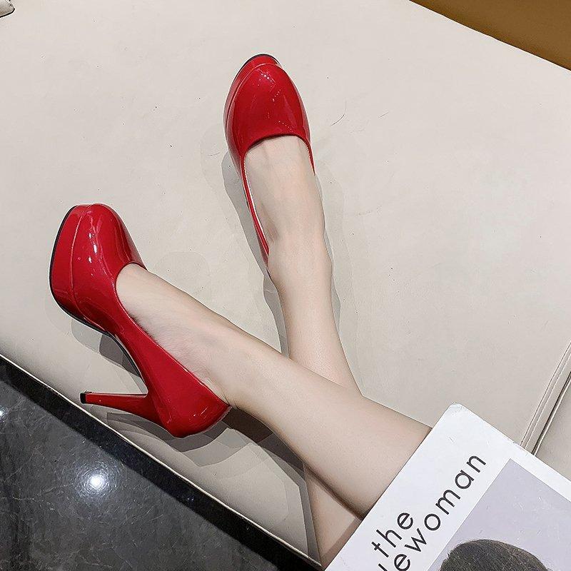 New night show super high heel patent leather hate sky high deep mouth round head single shoes formal professional waterproof table high heels
