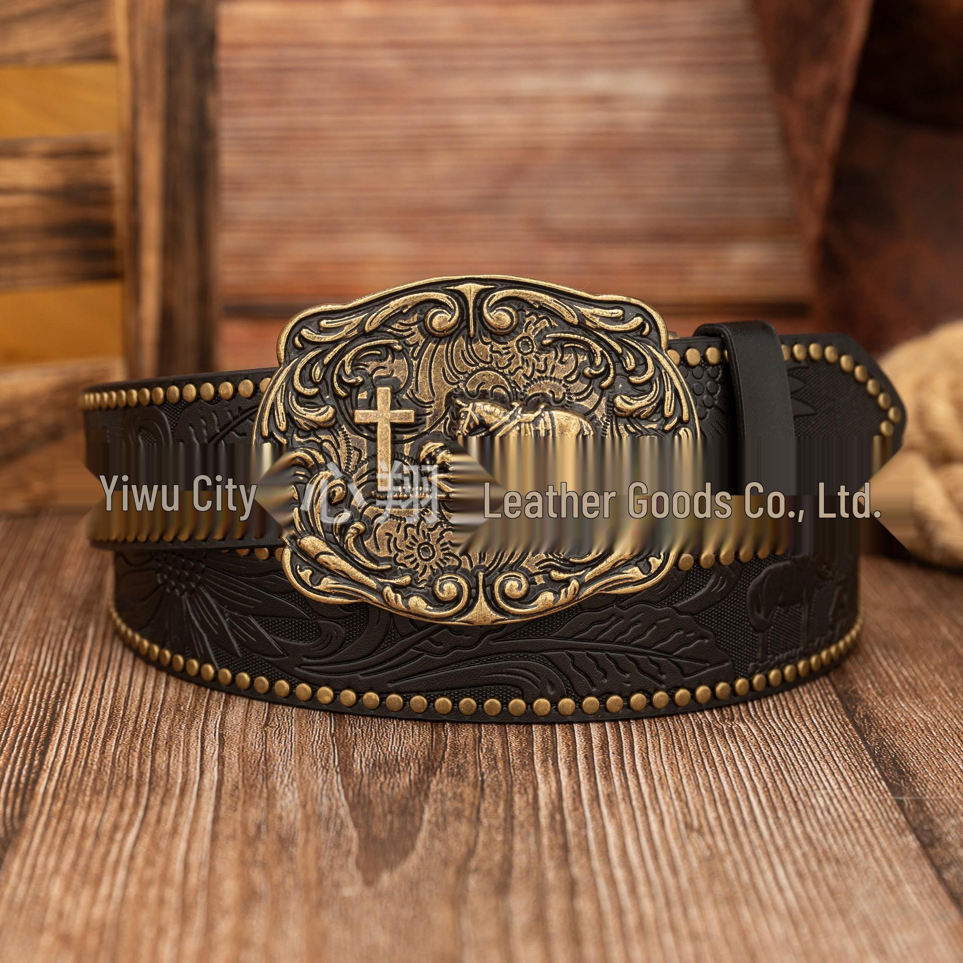 Retro Embossed Horseman Buckle Western PU Leather Belt 120 cm