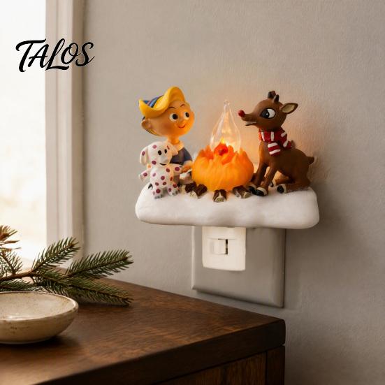 Warm Twinkling Christmas Decor Night Light, Santa Claus Grandma Bonfire Resin LED Lamp Holiday Nursery for Bedroom, Plug-in Festive Ambient