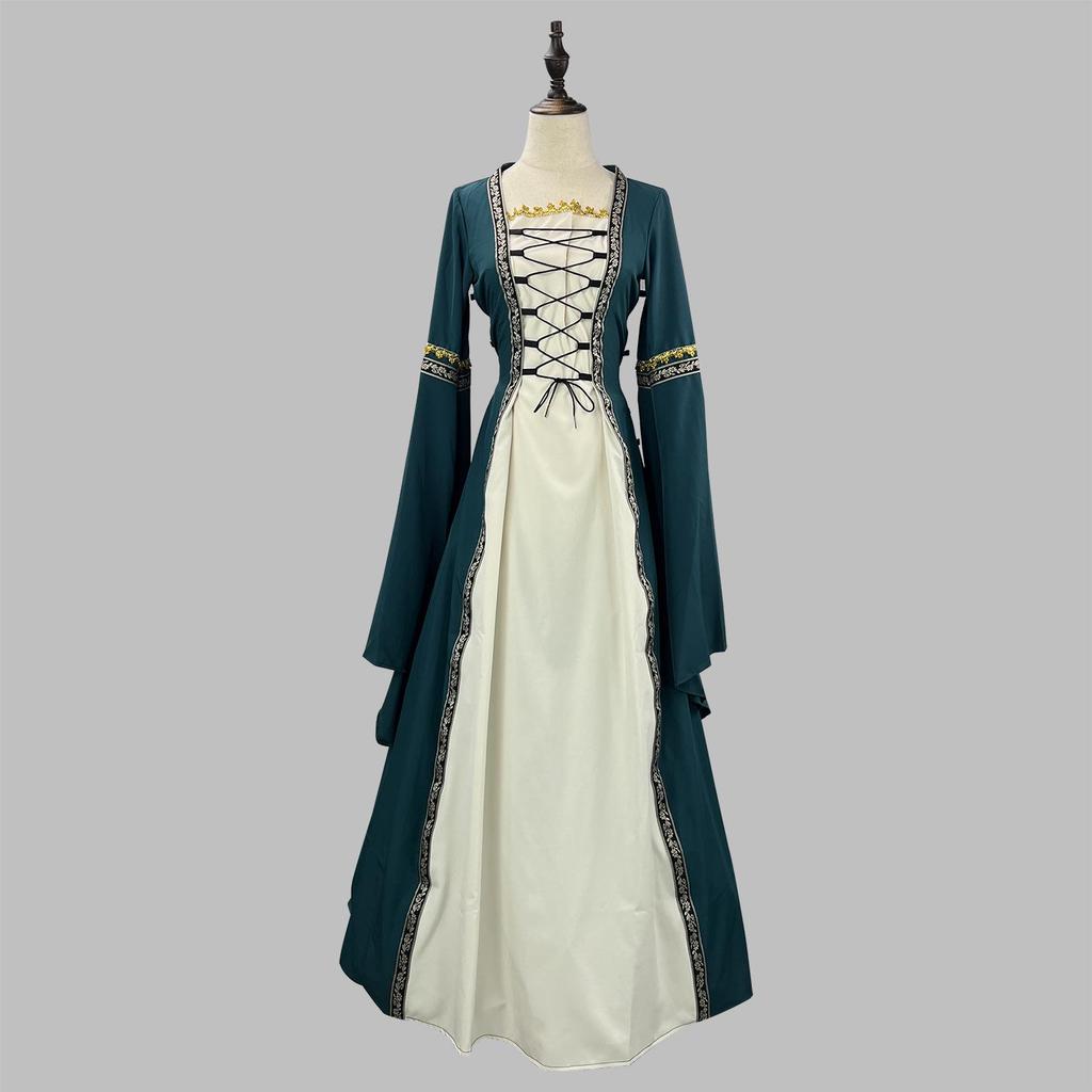 European & American Gothic Medieval Square Neck Bell Sleeve Plus Size Dress