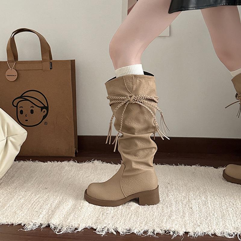Fashion tribe fringed wind knight boots women's 2025 autumn and winter new thick heel but knee pile boots fashion boots