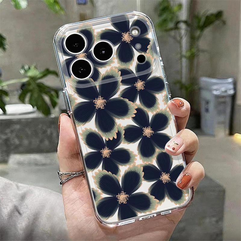 Black Rose Floral Pattern Case For iPhone 17 Pro Max Coque iPhone 16 15 14 13 Pro Max 11 Clear TPU Silicone Soft Cover