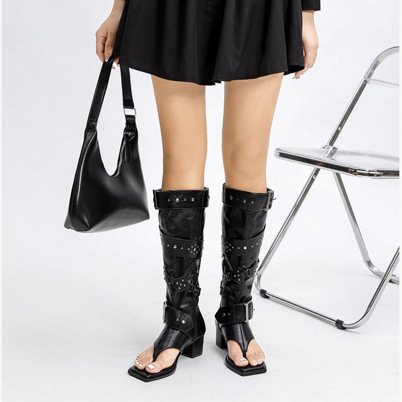 Fashion New Black Brown Rivet Belt Buckle Herringbone Clip Foot Roman Cool Boots Summer 5cm Thick Heel Exposed Toe Long Tube Thin Boots