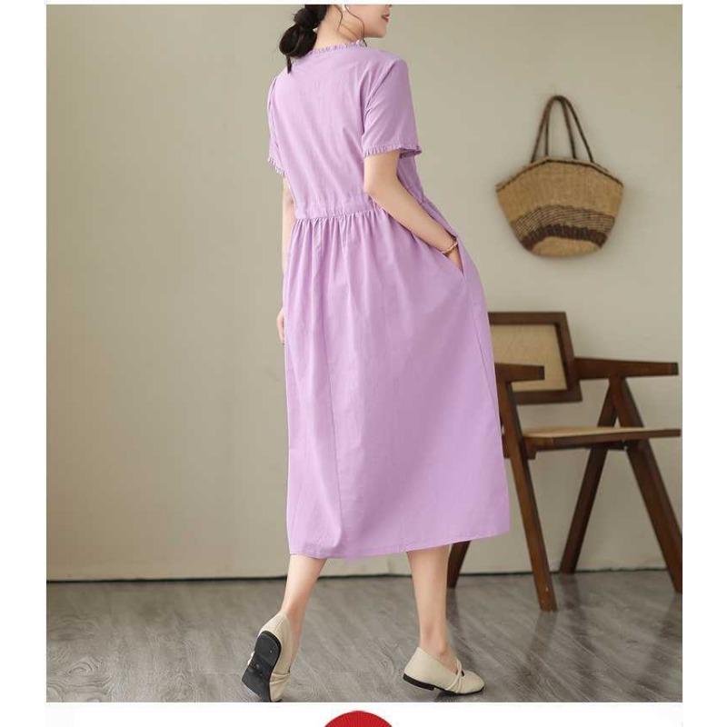 Ethnic Style Wooden Ear Neck Tie Waist Short Sleeve Midi Literary Vintage Dresses