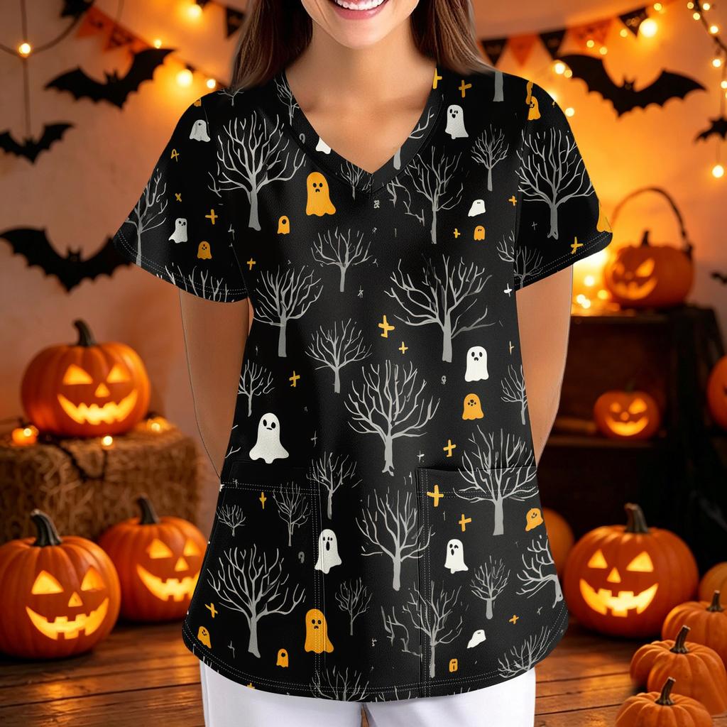 Womens Halloween Print Loose Fit V Neck Short Sleeve Medical Scrub Top Nurse Uniform with Pockets Lightweight Comfortable Workwear
