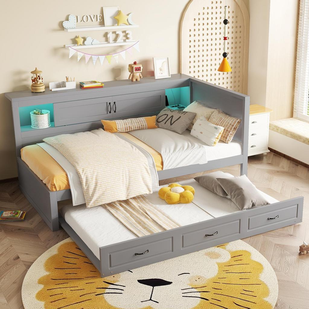 Sofa Bed Flieks 90x200 Pull-out Daybed with LED Lighting, Storage Compartment, Socket + USB