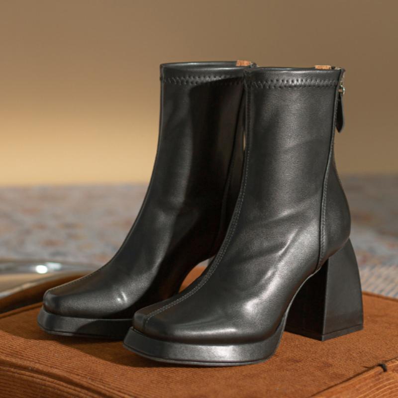 Женские ботильоны на высоком каблуке осенне-зимние с квадратным носком на толстом каблуке в европейском и американском стиле водонепроницаемые на платформе с коротким голенищем французские короткие ботильоны 34 чёрный 4544₽