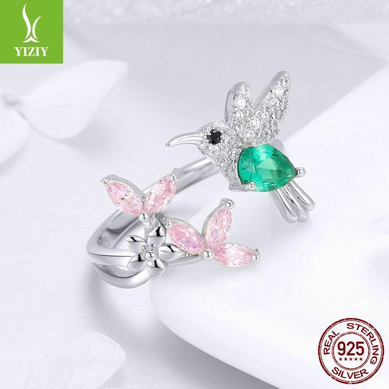 Hummingbird With Flower Ring Opening, Colorful Zircon Bird Plated S925 Silver Ring
