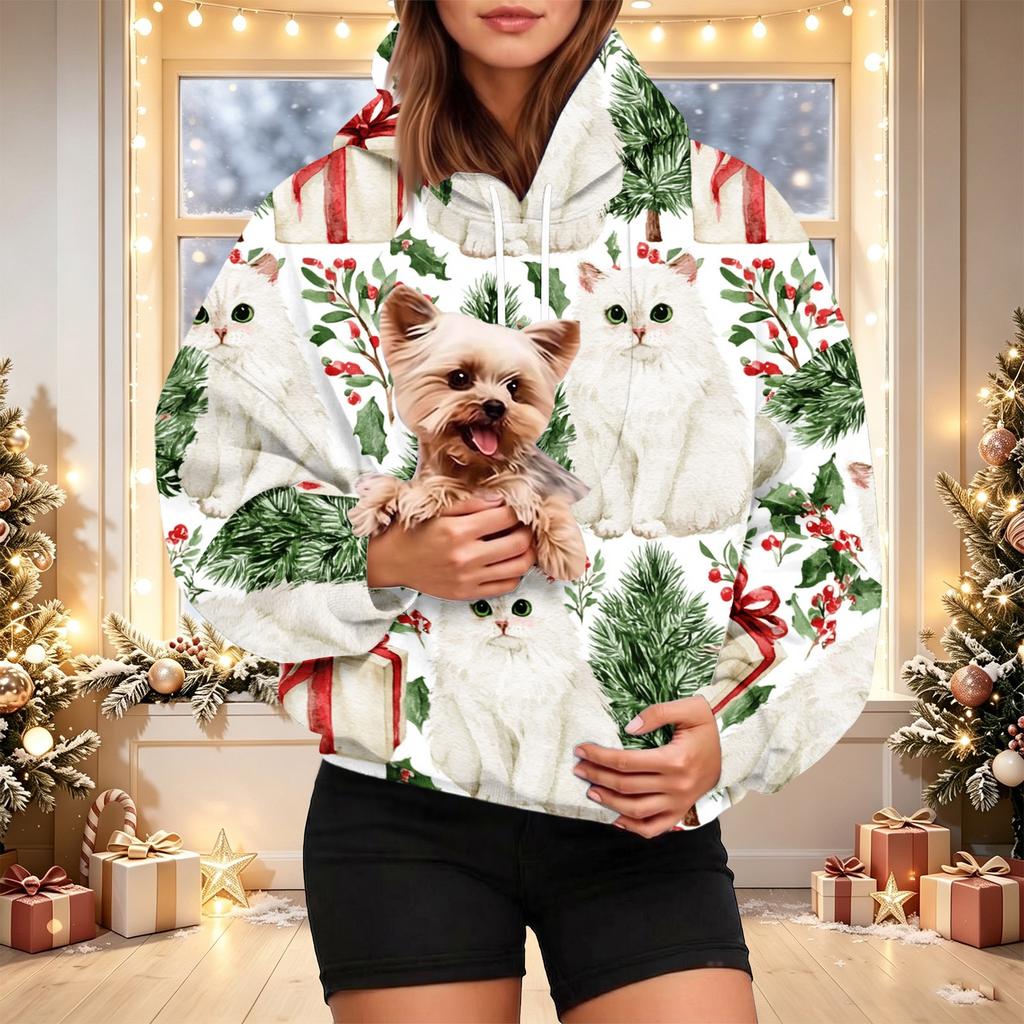 Women's Stylish Christmas Print Hoodie with Pet Pocket, Casual Holiday Pullover for Winter Wear