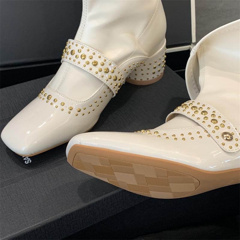 Fashion White Ankle Boots For Woman Rivet Square Toe Back Zipper Fall Shoes Fashion Chunky Heels Mary Jane Black Heel Boots 2025 Trend