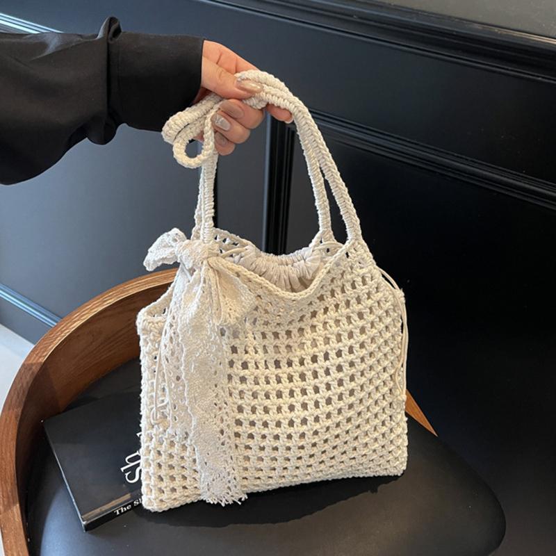 Natural Crochet Shoulder Bag for Women - Large Capacity Handwoven Beach Bag with Scarf, Summer Fashion Shopper Tote