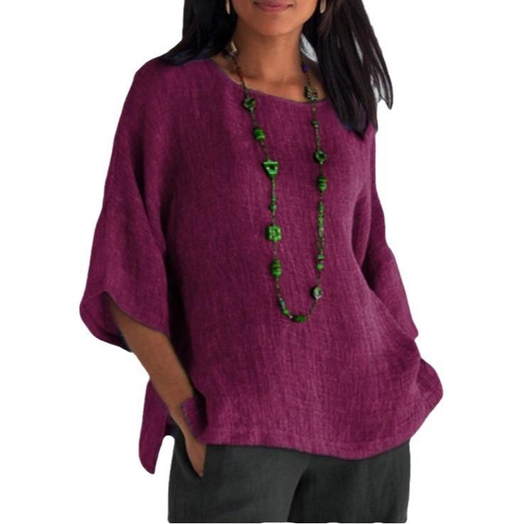 Cotton Linen Blouse For Women With Round Neck And Seven Quarter Sleeves For Casual Office Wear
