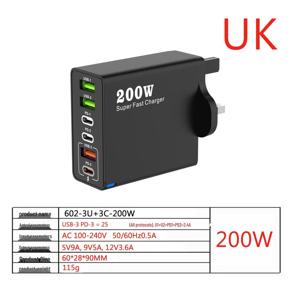 200W Multi-Port Charger - 3 USB & 3 PD Ports, Six-in-One Fast Charging for Phones (5V 2.4A), EU/US/UK Compatible