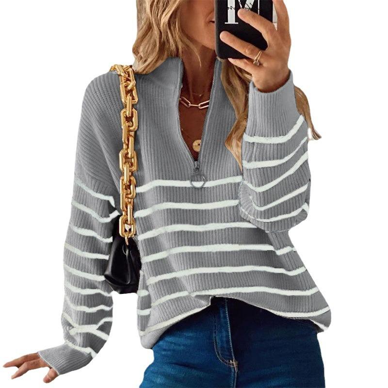 Women's High Neck Sweater: Autumn/Winter Striped Color Block Long Sleeve Zipper Pullover Knitwear