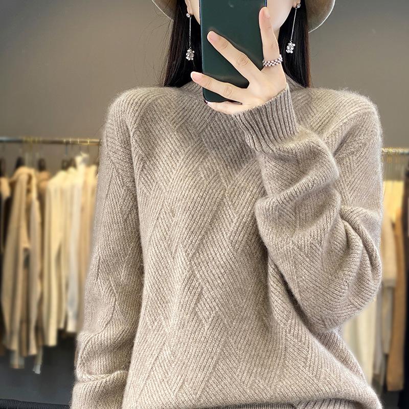 

Женский элегантный шерстяной свитер с полувысоким воротником - Осенне-зимний облегающий трикотажный пуловер XL