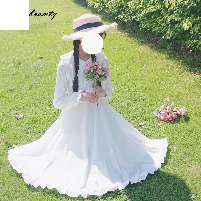 

Японское весенне-осеннее женское белое платье в стиле Лолиты с воротником Питера Пэна и высокой талией, платье принцессы феи, милое платье Kawaii для девочек с оборками One Size белый