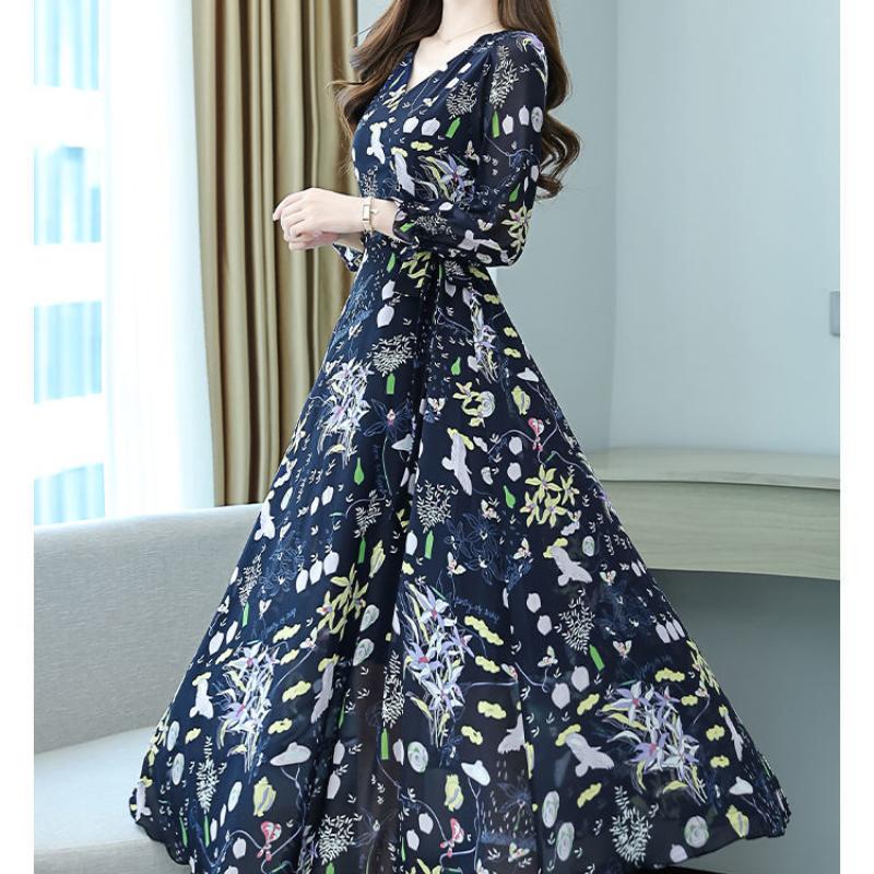 Elegant Floral Print Chiffon Dress Women's Spring Summer French Style V-neck Knee-length Fashionable Empire Waist Dresses