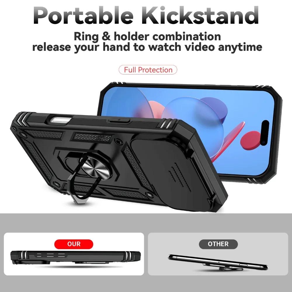 PC+TPU Magnetic Ring Portable Stand Armor Case for IPhone 17 Air 16E 15 14 Plus 13 12 Pro Max Slide Lens Window Protector Cover