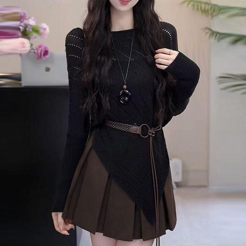 Irregular Hem Hollow Long-sleeved Sweater for Women 2025 New Autumn Temperament Korean Casual Versatile Top