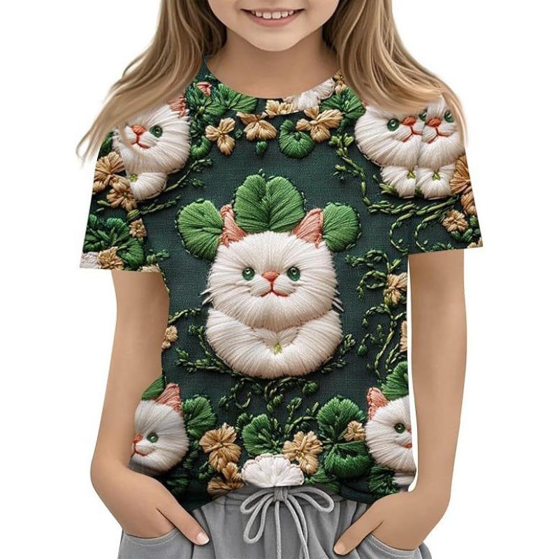 Fashionable Summer Trendy High-quality Four Leaf Clover Pattern Children's Women's Short Sleeved Round Neck T-shirt
