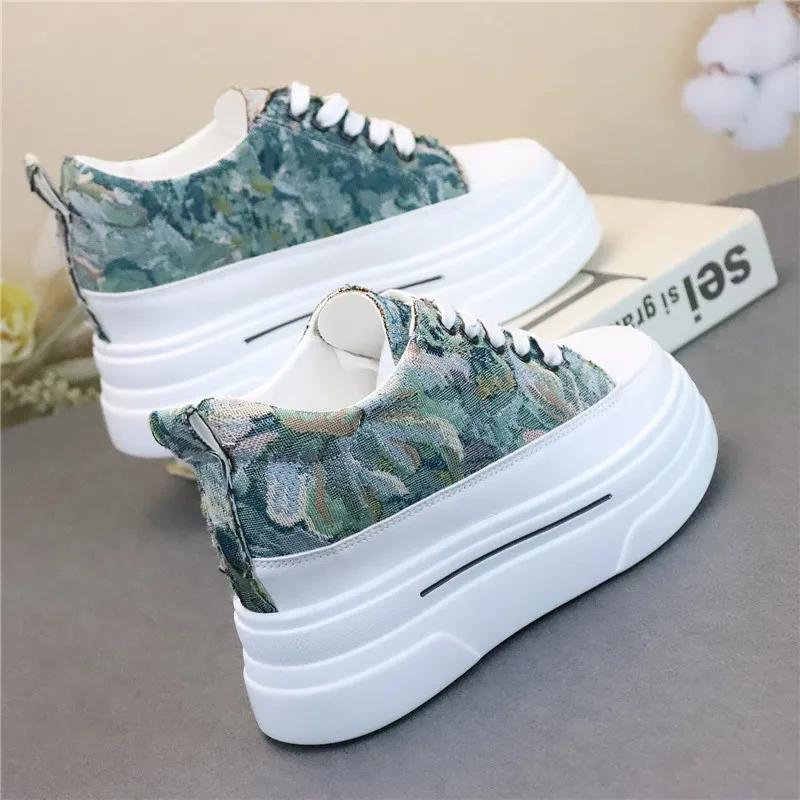 Fashion Genuine Leather 7cm Super Thick Sole Platform Women Shoes Chunky Sneakers Ins Women Vulcanized shoes Canvas shoes