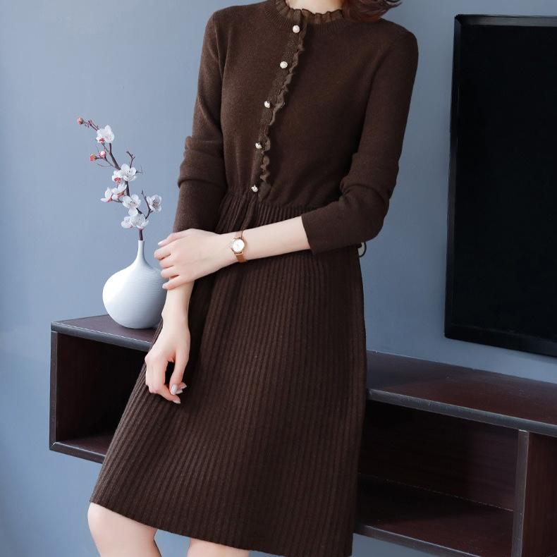 Knitted Dress for Women's Winter Casual Half Turtleneck Sweater Slim Solid Color Mid-length Sweater Dress