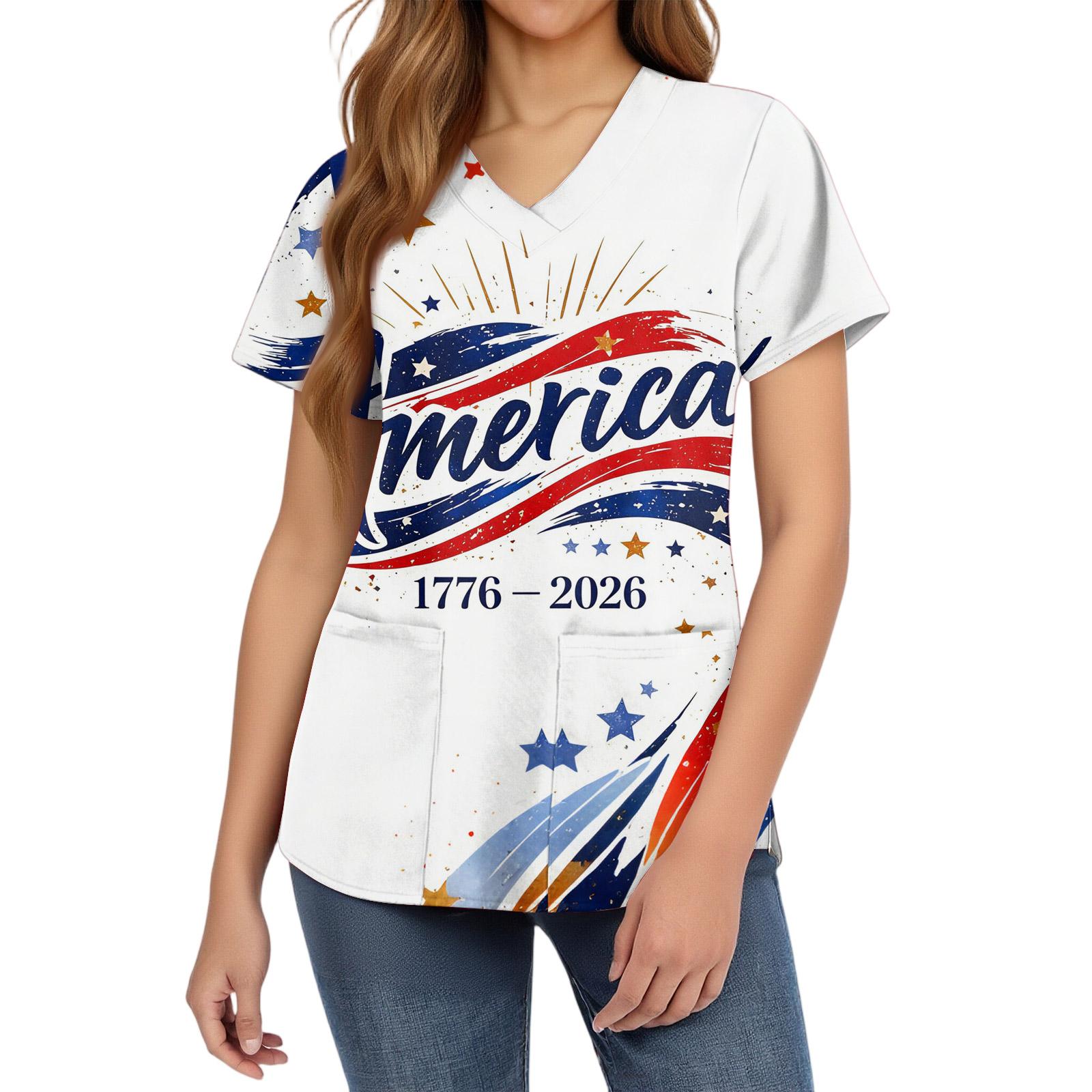 

Women s fashionable V-neck short-sleeved work uniform with pockets, print top, caregiver uniform. XL
