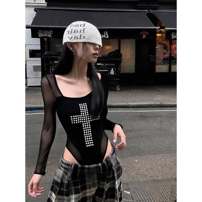 

Spice Girl Style Metal Cross Slim Mesh Splicing Long Sleeve Thumb Buckle T-Shirt Slim Skinny onesie Women s Summer L