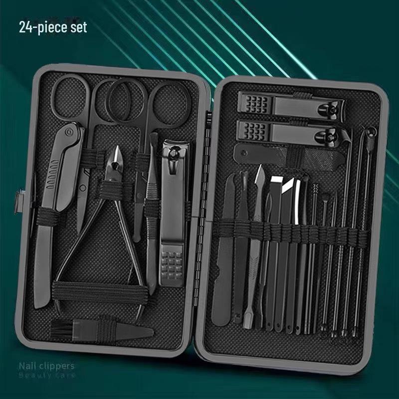 24-Piece Black & Red Manicure Set: Nail Clippers, Tweezers, Ear Pick, Scissors