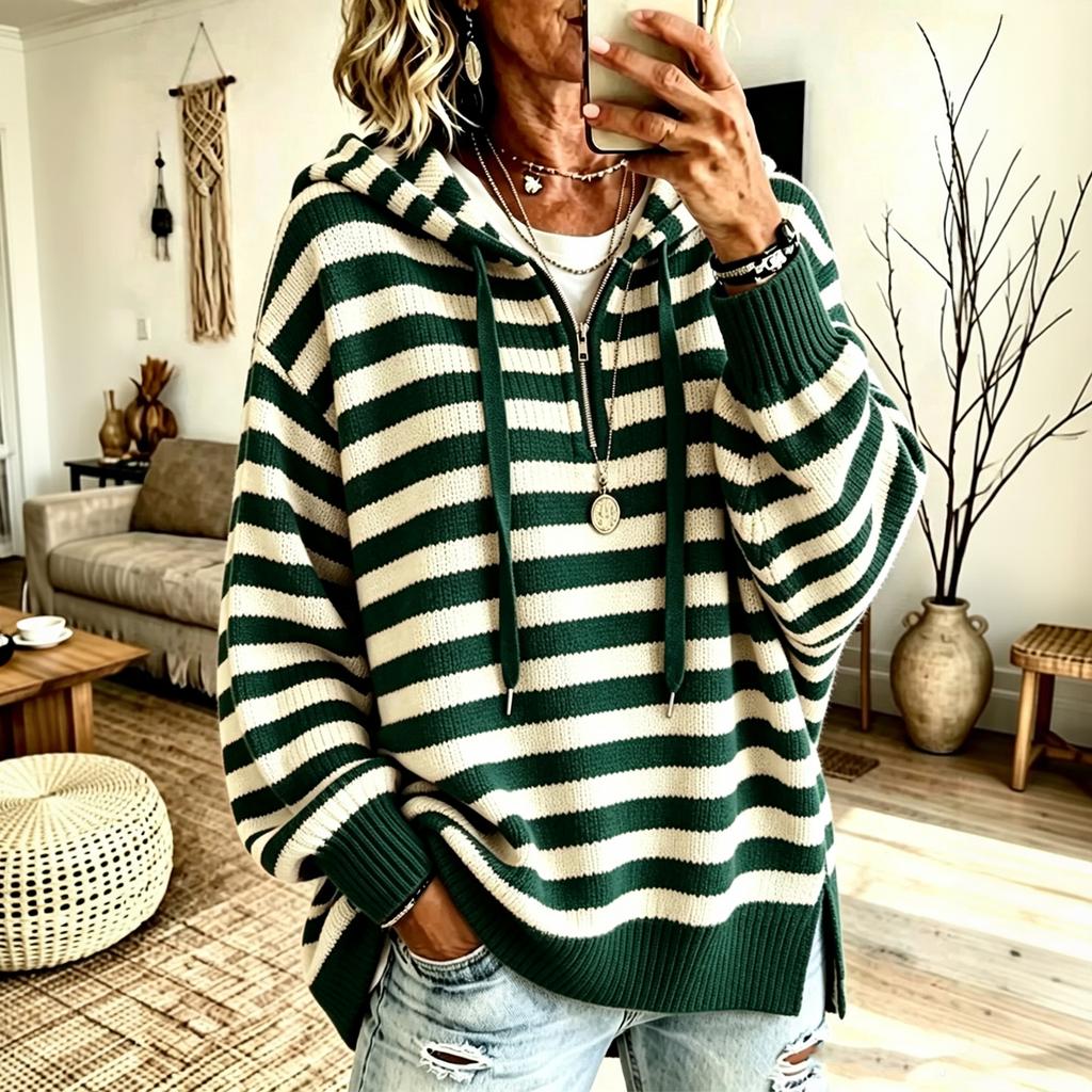 Maglione da donna vintage a righe con cappuccio e mezza zip