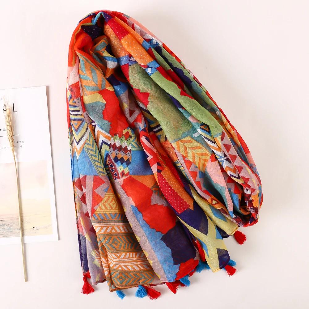 Luxury Brand Cotton Scarf Women Large Shawls Design Hijab Echarpe Print Tassel Scarves Lady Beach Stole Muffler Foulard Pareo