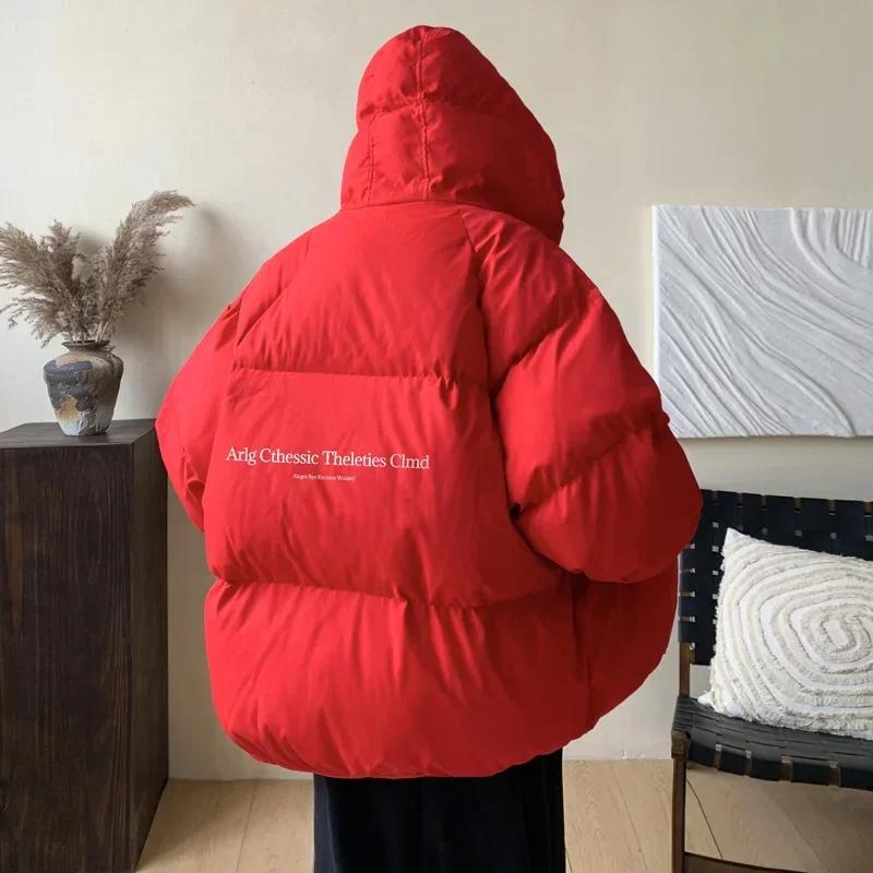 

Зимняя хлебная куртка Зимняя для мужчин Модная теплая мужская парка Большого размера с принтом букв Мужское хлопковое пальто Оверсайз Мужская одежда 2025 3XL красный