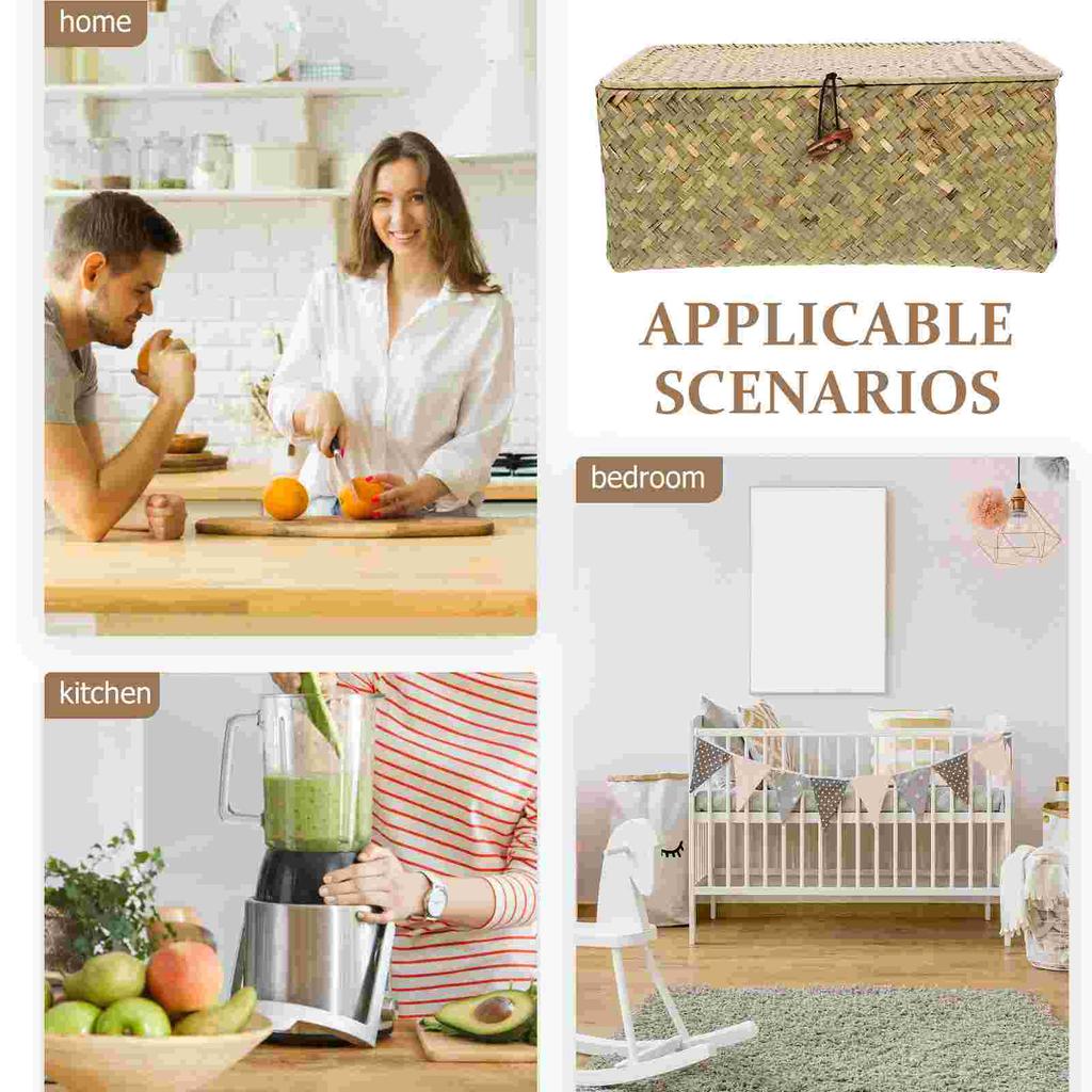 Straw Basket with Lid Rattan Woven Basket Desktop Clothes Sundries Storage Box for Bedroom Home Decor (L)