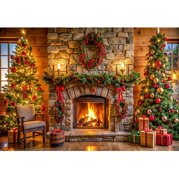 Beenle Christmas Photography Backdrop Xmas Tree Fireplace Gifts Family Party Decor Kids Portrait Background Decor Photo Studio