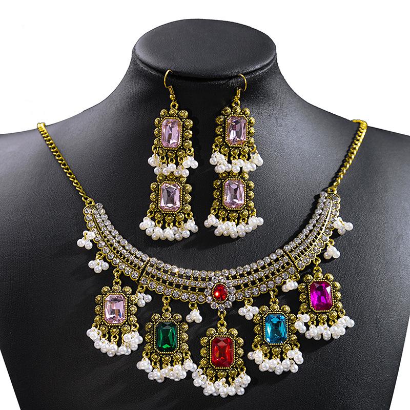 Bohemian Crystal Jewelry Set: Ethnic Tassel Necklace & Earring with Rhinestones