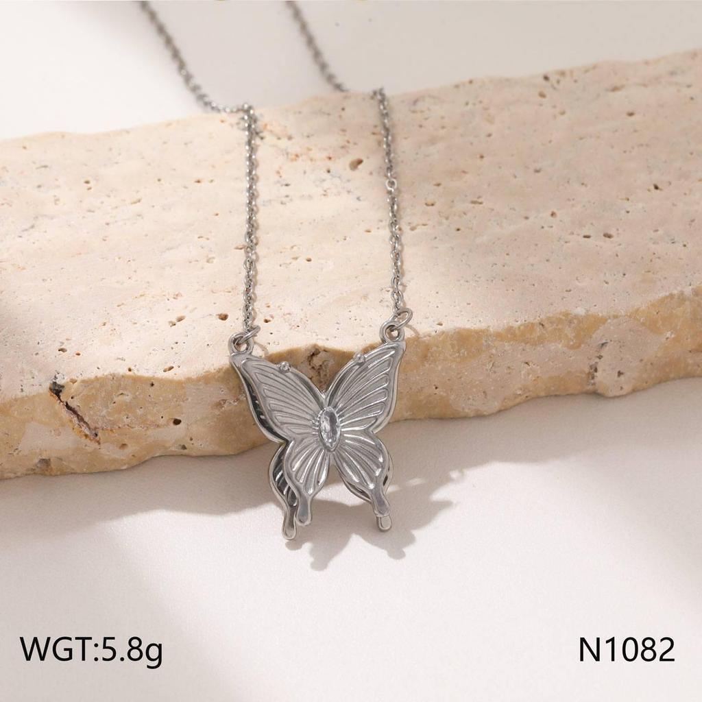 Elegant Butterfly Necklace - Gold-Plated Stainless Steel with Diamond Accents, Two-tone Design