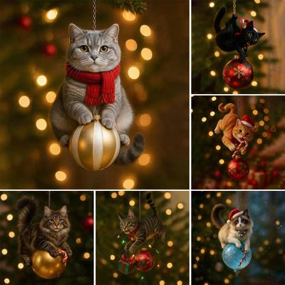 Cat Christmas Ornament Cute Kitten Christmas Ball Ornament 2D Flat Car Rearview Mirror Hanging Charm