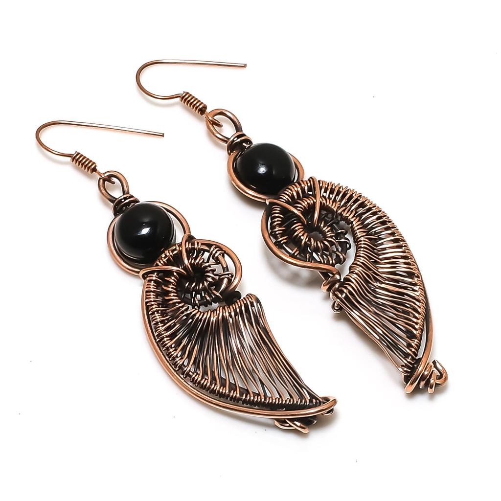 Black Onyx Handmade Gemstone Earrings, 999 Copper Wire Wrapped Earrings Antique Jewelry, For Engagement Gift